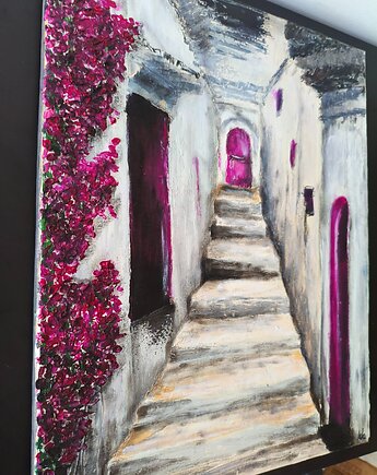 Grecka Uliczka Obraz Olejny 40x50 Schody Różowe Grecja Faktura Wakacje, kkjustpaint Karolina Kamińska