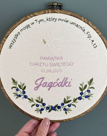 Tamborek haftowany, metryczka, pamiątka Chrztu Świętego, Boski Haft