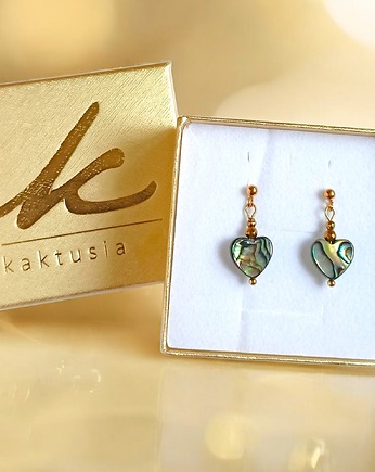 Kolczyki SERDUSZKA muszla paua : sztyfty kuleczki GOLD, kaktusia