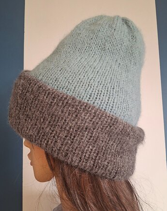 Czapka Fluffy z alpaki dwustronna mięta - ciemno szara, Knit Couture