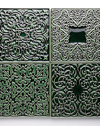 Kafle ręcznie robione, 4 ornamenty, zieleń butelkowa, kafelki., pracowniazona