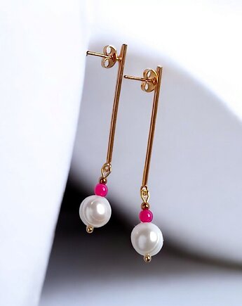 Kolczyki FUCHSIA & PEARL collection: perła i agat : długie sztyfty, kaktusia