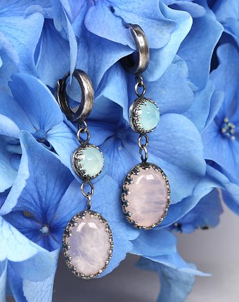 Kolczyki wiszące Vintage z kwarcem różowym i agatem niebieskim, Blooming Stones