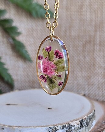 Złoty wisiorek prawdziwe kwiaty zawieszka różowa rośliny, zkwiatem