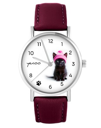 Zegarek - Czarny kotek - skórzany, burgund, yenoo
