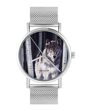 Zegarek - Szary wilk - bransoleta mesh, yenoo