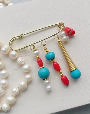 Broszka duża agrafka koral czerwony, vestirse!