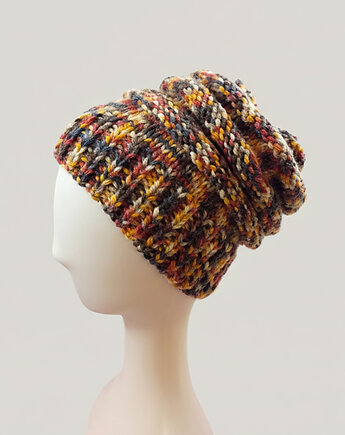 6902 Czapka Beanie z Melanżowej Włóczki - ciepła, brązowa, kama4you