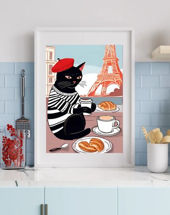 PLAKAT z kotem, prezent dla kociary, kawa w Paryżu, bonjour, black dot studio