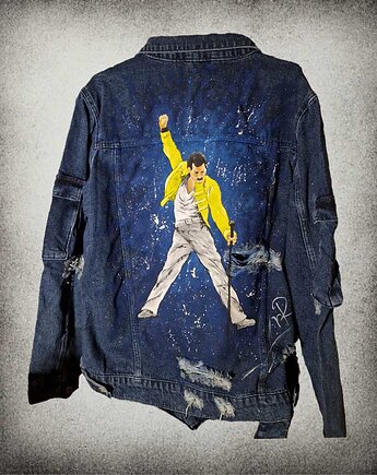 Kurtka jeansowa z portretem Freddy Mercury, rękąROBIONE