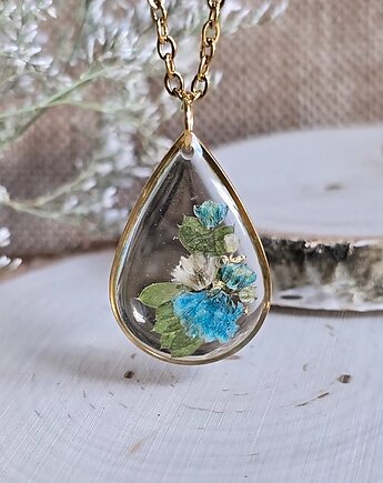Wieczne kwiaty złoty wisiorek prawdziwe kwiaty naszyjnik niebieska gipsówka, zkwiatem