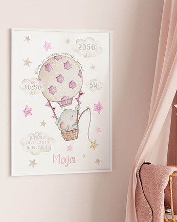 Metryczka dla dziecka Słoń w balonie Obrazek do pokoju dziecięcego, Słonikowe Atelier