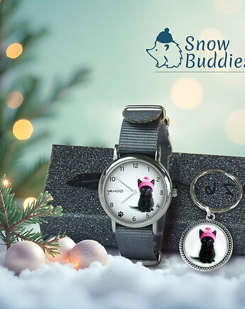 Zestaw prezentowy - Czarny kotek - zegarek i brelok - nylonowy, szary, yenoo