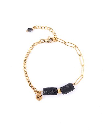 Bestseller! Bransoletka z surową bryłą czarnego Turmalinu Pozłacana stal, Kulka Bransoletki