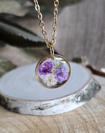 Złoty wisiorek prawdziwe kwiaty zawieszka fioletowy kwiat, zkwiatem