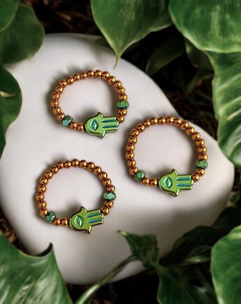 Hamsa - talizman chroniący od zła - pierścionek - hematyt emerald, kaktusia