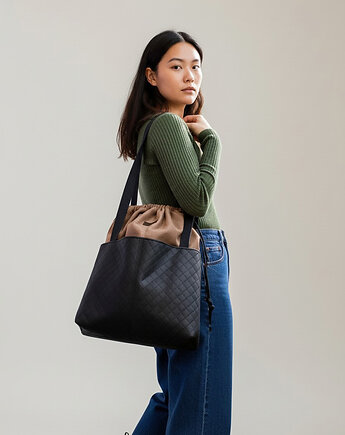 Karmelowo-czarna pikowana duża torba z kominem, raspberi