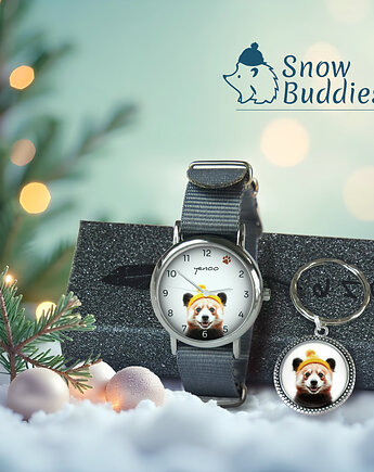 Zestaw prezentowy - Panda - zegarek i brelok - nylonowy, szary