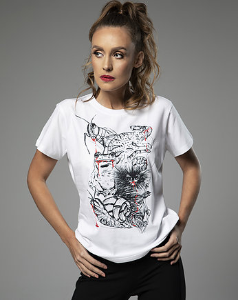 T-shirt damski zwierzątka biały, MONIKA OPALIŃSKA