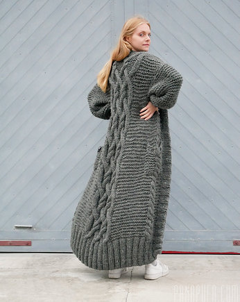 Długi szary sweter płaszcz kardigan alpaka, PANAPUFA