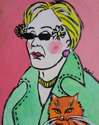 Kolorowy obraz  do salonu babcia z rudym kotkiem, alice oil on canvas