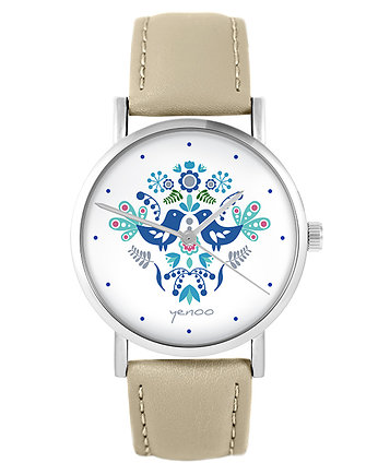 Zegarek - Ptaszki folk, blue - beżowy, skóra, yenoo