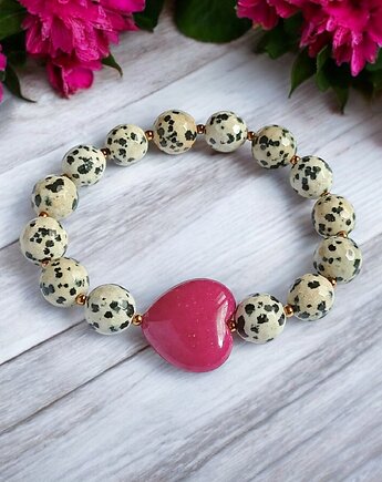 Jaspis dalmatyński i serce : FUKSJA : bransoletka na gumce, kaktusia