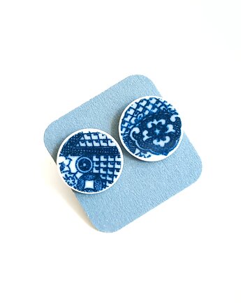 Kolczyki ceramiczne w kobaltowe wzory, biżuteria z talerzy