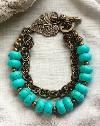 UNIKATOWA bransoletka : turkus i stare złoto : etno, kaktusia