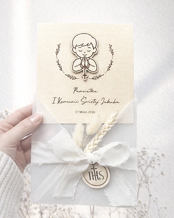 Kartka na pamiątkę I Komunii Świętej DREWNIANA, DREWNIANA KARTKA