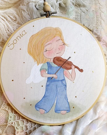 Obrazek z aniołem grającym na skrzypcach,  pamiątka Chrztu I Komunii, gingerolla