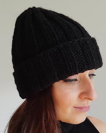 Czapka Beanie krótka- wełna i alpaka czarna czerń, WoolTerka HandMade