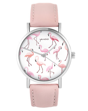 Zegarek - Flamingi - pudrowy róż, skórzany, yenoo