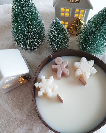 Świąteczna świeca sojowa w łupinie kokosa -bawełna, Hey details