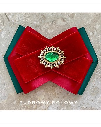 Aksamitna Brosza z zielonym kryształkiem Święta Mikołajki, Pudrowy Różowy