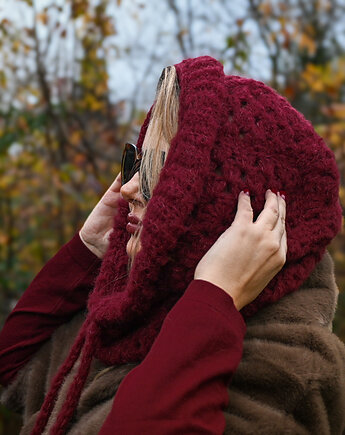 Balaclava alpaka  i jedwab handmade, ręcznie szydełkowana zimowa kominiarka, kwiaty biżuteria