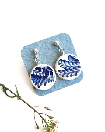 Kolczyki ceramiczne w kobaltowe wzory, biżuteria z talerzy