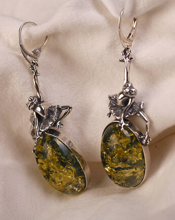 Kolczyki srebrne żaby na zielonym bursztynie, Andorii by Baco