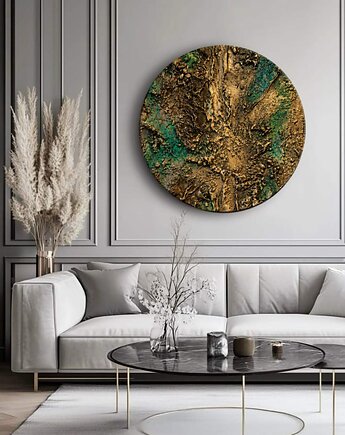 Obraz abstrakcja okrągły  fi70cm  struktura stare złoto i turkus, art and texture