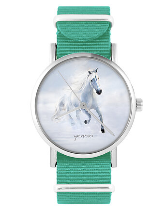 Zegarek -  Biały koń biegnący - turkusowy, nylonowy, yenoo