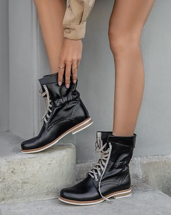BOTKI SZNUROWANE WORKERY - SKÓRA NATURALNA - MODEL 424 - KOLOR CZARNY LICO, Zapato