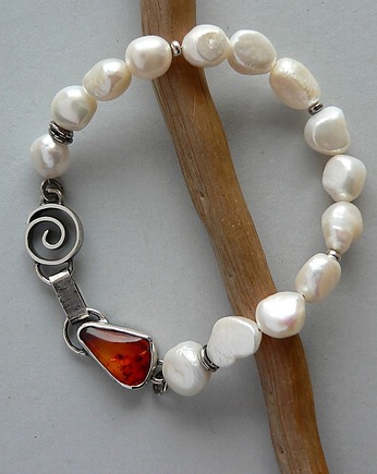 -  perły i koniakowy bursztyn -bransoletka-, Emilia Woźniak