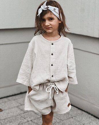 Komplet muślinowy koszula oversize i spodenki warm beige, Awake for Kids