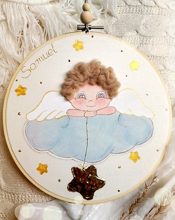 Obrazek aniołek na chmurce, pamiątka chrztu/narodzin dziecka, gingerolla