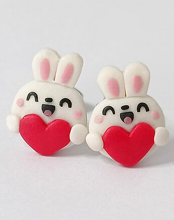 Kolczyki białe króliki z serduszkiem, OMIFIMO