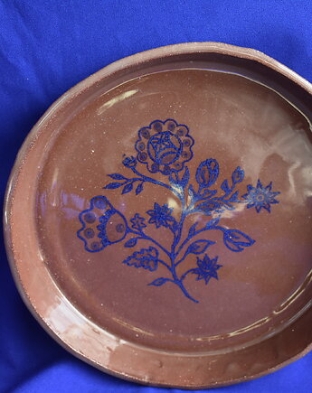Ręcznie wykonana patera ceramiczna czerwona, Kobaltowa Sroka