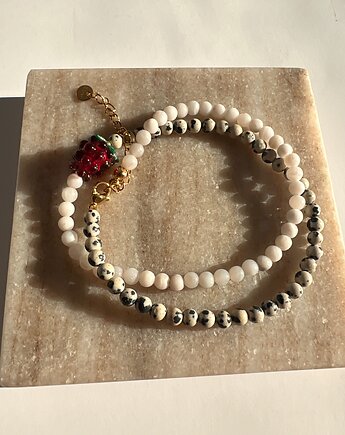 Handmade naszyjnik z jaspisem dalmatyńskim i szklaną malinką, Juicy Beads