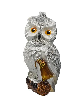 Bombka choinkowa: Sowa z księgą: srebrna, Syn Bombkarza