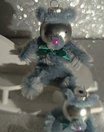 Zabawki choinkowe - szare misie w stylu PRL, handmade, 2 szt., Niebieski Zagajnik