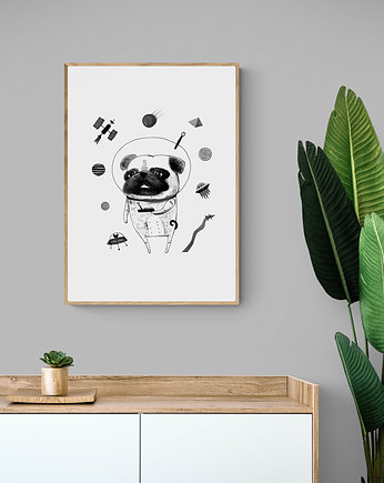 Duża grafika z Mopsem w kosmosie 50x70 cm, Friedman Jewelry